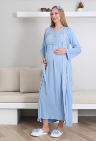 Resim Hamile Gecelik Takımı Sabahlıklı V yakalı Dantel Detaylı 2'li Önü Düğmeli - 2290 - Mavi / L / İstiyorum +300₺ 