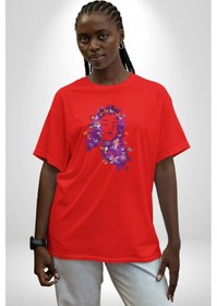 Resim Kelebekler Kanser Günü Ve Kadınlar Günü Pamuklu Bisiklet Yaka Unisex Oversize Boyfriend Dijital Baskılı Kırmızı T-shirt Kırmızı 