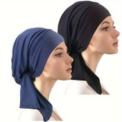 Resim 2 Adet Esnek Korsan Turban Hijab - Ayarlanabilir Bağcıklı, Nefes Alabilen Kumaş, Kemoterapi Dostu Tasarım, Düz Renkler (Lacivert & Siyah) - Müslüman Kadınlar için Ramazan Hediyesi, Rahat Başörtüsü, Şık ve Dayanıklı 