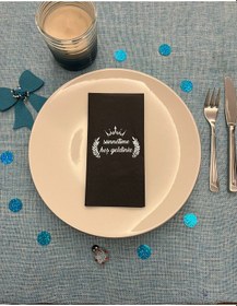 Resim Gümüş Yaldızlı Siyah Sünnetime Hoşgeldiniz Baskılı Garson Katlama Peçete 16 Adet 