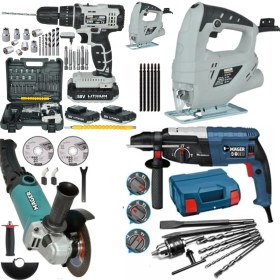 Resim Mager 4'lü Akülü El Aleti Seti – Kırıcı Delici Matkap, Taşlama, Dekupaj, 2900W 58V, Çift Akü, Metal Gövde, Taşıma Çantalı 