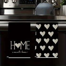 Resim 2 Adet Siyah Mutfak Havlusu - Kalp Desenli Modern Çay Havluları, Dayanıklı Polyester Temizlik Bezleri, Pişirme, Fırınlama, Ev Hediyesi, Anneler Günü, Doğum Günü Hediyeleri İçin - "Home Sweet Home" Dekoratif Mutfak Havluları, Pürüzsüz Dokulu Mutfak Eşyaları 