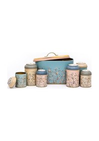 Resim Flora Desenli 7 Parça Metal Kavanoz Ve Ekmeklik Seti Desenli 