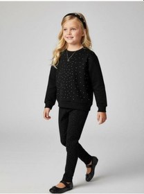 Resim Kız Çocuk Pamuklu Taşlı Sweatshirt-16747 Siyah 