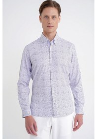 Resim Slim Fit Pamuklu Baskılı Desen Yaka Düğmeli Gri Gömlek G 1603 