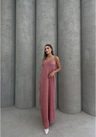 Resim Piliseli Uzun Elbise Pembe 