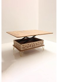 Resim Akıllı Açılabilir Sehpa 3 Kademeli Çekmeceli Gold Metal Ayaklı Çam 