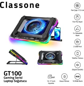 Resim Classone GT100 Gaming Laptop Sogutucu 2200RPM , Rgb Işıklı , LED Display Notebook soğutucu stand 