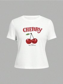 Resim Cherry Happy Baskılı Beyaz Tshirt Anne Kız Kombin - Oversize Bisiklet Yaka Tişört Lacivert-beyaz-279110 