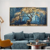 Resim Yağlı Boya Dokulu Tablo Mavi Fonda Bonsai Ağacı Altın Çerçeveli U01009-178849 