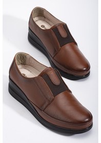 Resim Hakiki Deri Ortopedik Kadın Dolgu Topuklu Ayakkabı Taba Elastik Bantlı Bağsız-3303 Taba 