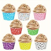 Resim 50 adet puantiyeli pişirme kapları, renkli mini kek kağıdı kutusu doğum günü düğün süsleme için muffin kalıbı 