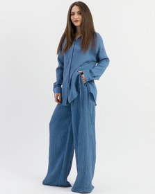 Resim VELİZADE Konfor Modeli Oversize Mavi Yanı Büzgülü Viskon Kumaş Boyfriend Gömlek Uzun Tesettür Gömlek 