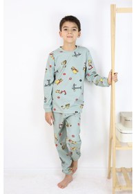Resim Harika Kids Erkek Çocuk Baskılı İnterlok Kumaş Uzun Kollu Pijama Takımı Açık Yeşil 