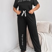 Resim Büyük Beden Kadın Sevimli Pijama Takımı, Büyük Beden Harf Baskılı Kısa Kollu Üst ve Pantolon Rahat 2 Parça, Büyük Beden Pijama Takımları 