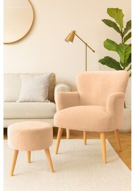 Resim Roma Berjer + Puf Set - Welsoft Yumuşak Kumaş - Ahşap Ayak - Vizon Vizon 