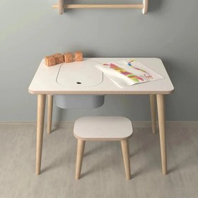 Resim Peka Sepetli Ahşap MDF Çocuk Çalışma Oyun ve Aktivite Masa Takımı Beyaz Gri 