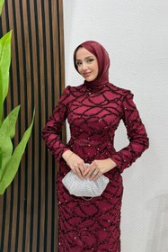 Resim lizatesettür Nivana Pullu Tül Abiye Bordo 