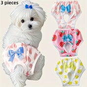 Resim 3 adet Yaz Yeni Köpek Bezi - Elastik Bel Bantlı Baskılı Nefes Alabilen Pet İç Çamaşırı - Küçükten Orta Boy Köpekler ve Kediler İçin Yeniden Kullanılabilir Polyester Dişli Köpek Bezi, Menstrüasyon Sırasında Yalama Önler 