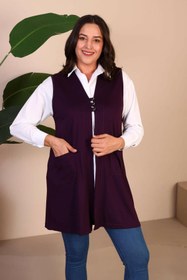 Resim Kadin Buyuk Beden Tesettur Yelek Düğmeli ve Cepli Esnek Yelek - Mürdüm / 2XL 