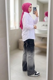 Resim Tesettür Diyarı Kadın Kargo Cepli Baggy Kot Pantolon- Gri Siyah 