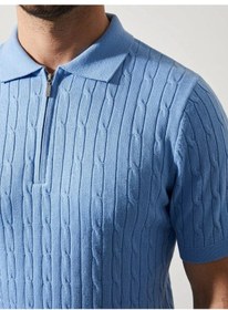 Resim Erkek Yazlık Triko Saç Örgü Tişört Kısa Kol Polo Yaka Fermuarlı T-shirt - Bebe Mavisi 