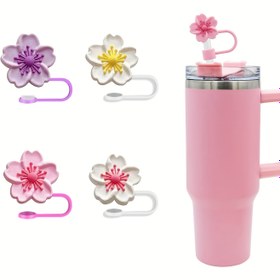 Resim 2/4 adet Sakura Tasarımlı Silikon Pipet Uçları - 10mm Tumbler Pipetleri için Toz Geçirmez Kapaklar - Spor Seyahat Bardakları ve Yalıtımlı Tumblerlar için Sevimli Çiçek Aksesuarları 