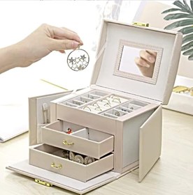 Resim Lüks 3 Katlı Mücevher Kutusu, Krem Rengi, Aynalı, Çekmeceli, Takı Organizatörü, 18x14x12 cm, Yüzük, Küpe, Kolye Bölmeli 
