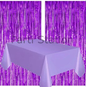 Resim 2 Adet Mor Renk Metalize Arka Fon Perdesi Ve 1 Adet Plastik Mor Renk Masa Örtüsü Set Standart 