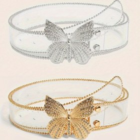 Resim Esnek Şeffaf Taşlı Kemerler, Kelebek Tokalı, Elbiseler, Üstler, Pantolonlar İçin Kadın Bel Kemeri, 70-100 cm Bel Uyumu, Şık ve Rahat & Y2K Moda Aksesuarı 