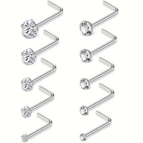 Resim 10 adet 20G Paslanmaz Çelik L-Şekilli Burun Çivisi Şeffaf Taşlarla - Şık & Hipoalerjenik Burun Piercing Takısı Kadınlar ve Erkekler İçin, Günlük Kıyafet veya Partiler İçin Mükemmel 