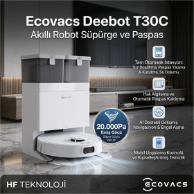 Resim Ecovacs Deebot T30C Omni Istasyonlu 20000PA, Sıcak Suda Yıkama 75°c, Ozmo Turbo 2.0 Paspas, , Uyarlanabilir Islak Temizlemli Robot Süpürge,eli 