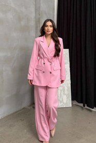 Resim buqre's moda Kadın İkili Blazer Ceket Pantolon Takım Aksesuar Gül ve Düğme Detaylı Bol Paça 