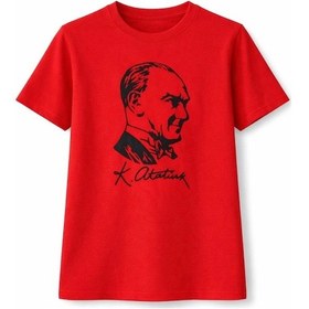 Resim Kız Çocuk Atatürk Baskılı Tişört Kısa Kollu Bisiklet Yaka T-shirt - Kırmızı - Çok Renkli 