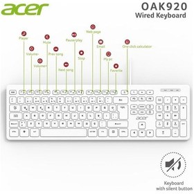 Resim Acer Oak920 Q Usb Beyaz 1.8mt Kablolu Klavye-tek Tuş Hesap Makinalı Sessiz Tuş 