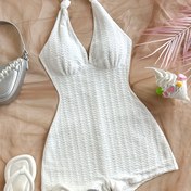 Resim Kadınlar için beyaz ruched kumaş derin V-Neck ön bağcıklı tulum, partiler, Sevgililer Günü, tarihler için uygun, iç veya dış giyilebilir, rahat tarz, düz renk, tüm mevsimler için giyilebilir 