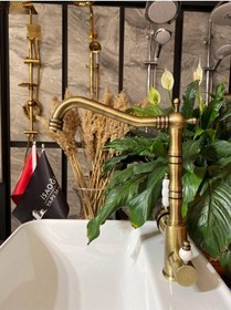 Resim İsaoğlu Yapı Antik Gold Rustik Arıtmalı Batarya 3 Yollu Arıtmalı Mutfak Musluğu Altın Evye Bataryası Eskitme Gold 