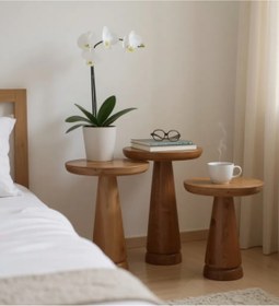 Resim ASELYA HOME Doğal Ahşap 3’lü Set Mantar Yan Sehpa Modern Fiskos Zigon Çiçeklik 