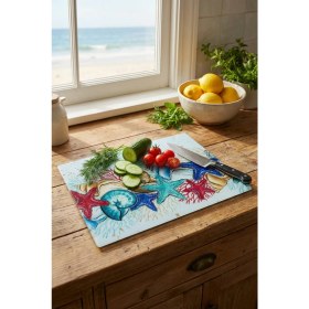 Resim Makri Home Deniz Kabukları Desenli Cam Kesme Tahtası 25×35 cm 