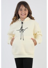Resim Kapşonlu Love Baskılı Kanguru Cepli Kız Çocuk Sweatshirt-90859 Krem 
