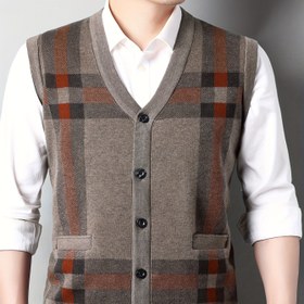 Resim Erkekler İçin Klasik Geometrik Ekose Örgü Yelek - V-Yaka Düğmeli, Asimetrik Tasarım, %100 Polyester Sıcaklık Sonbahar/Kış için, Günlük Katmanlama Esansiyeli, Kolay Bakım Kumaş 