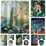 Resim HaiTun (3 Parça Mermaid Tuvalet Minderi C) Güzellik Mermaid Baskılı Banyo Mat Halı Setleri ve Duş Perdesi Banyo Aksesuarları (Yurt Dışından) 