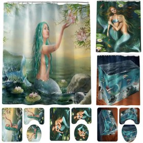 Resim HaiTun (3 Parça Mermaid Tuvalet Minderi C) Güzellik Mermaid Baskılı Banyo Mat Halı Setleri ve Duş Perdesi Banyo Aksesuarları (Yurt Dışından) 