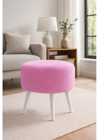 Resim Waterybrook Yuvarlak Puf Welsoft Kumaş Beyaz Ahşap Ayaklı - Makyaj - Yatak Ucu - Dekoratif Oturma Pufu Pembe 