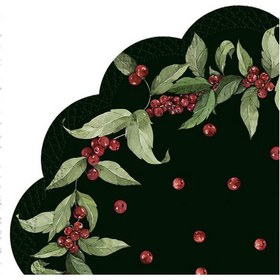 Resim Siyah Yeşil Yaprak ve Kızılcık Desenli Rondo Kenarlı Üçgen Peçete 