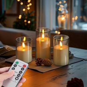 Resim Uzaktan Kumandalı Zamanlayıcıya Sahip 3D Emici Alevsiz Sütun LED Mumlar, Pil ile Çalışan 3 Adet Beyaz Gerçek Balmumu Mum Seti, Parti, Düğün ve Ev Dekorasyonu için Gerçekçi Titrek Alevler 