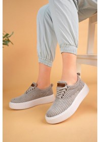 Resim Pabucmarketi Bağcıklı Kadife Kumaş Kadın Günlük Ayakkabı Antrasit Gri 