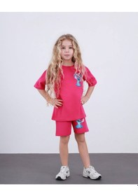 Resim Miniko Kids Kız Çocuk Stitch Modelli Pamul Şortlu Takım Fuşya 