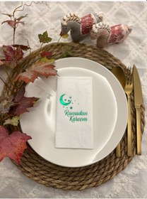 Resim Yeşil Yaldızlı Beyaz Ramadan Kareem Ay Desenli Peçete 16 Adet 