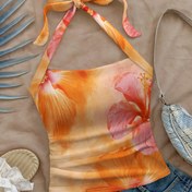 Resim Kadınların Çiçek Desenli Halter Üstü | Canlı Turuncu ve Pembe Çiçek Deseni | Kolsuz, Bağcıklı Yaka | Hafif Polyester | Yaz Plajı ve Tatil Giyimi 